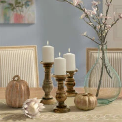 Wholesale 🎉 Benzara Pillar Shaped Wooden Candle Holder, Set Of 3, Brown 🔔