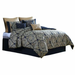 Outlet 🎉 Benzara Nova 10 Piece Polyester King Comforter Set, Gold Damask Print, Navy Blue ⌛ -Benzara Sales Store unnamed file 1203