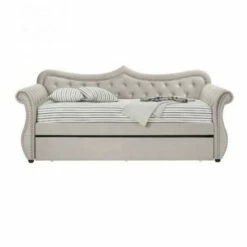 Best Sale 😀 Benzara Classic Wood Daybed With Trundle, Button Tufted With Nailhead Trim, Beige 🛒