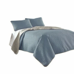 Cheap 😉 Benzara Eva 3 Piece Queen Microfiber Reversible Coverlet Set, Quilted, Gray, Blue ❤️