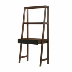 Best Sale 😍 Benzara 68 Inch Desk, Ladder Bookcase Shelves, 1 Drawer, Espresso Brown Acacia Wood ✔️