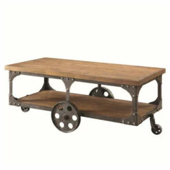 Wholesale 🔥 Benzara Industrial Style Solid Wooden Coffee Table With Metal Accents & Wheels, Brown ❤️