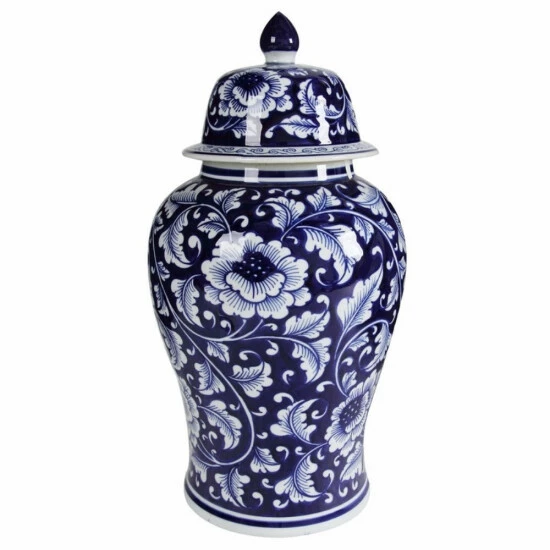 Budget 😉 Benzara Floral Design Ginger Jar With Lid, Blue And White 😀 4 Budget 😉 Benzara Floral Design Ginger Jar With Lid, Blue And White 😀 - Image 2