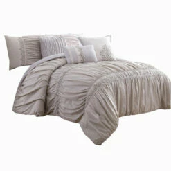 Buy ⌛ Benzara Rue 8 Piece Queen Size Comforter Set, Microfiber, Pleated Design, Beige ⭐