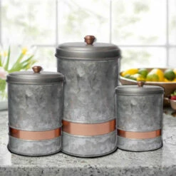 Cheap ⌛ Benzara Galvanized Metal Lidded Canister With Copper Band, Set Of Three, Gray 💯