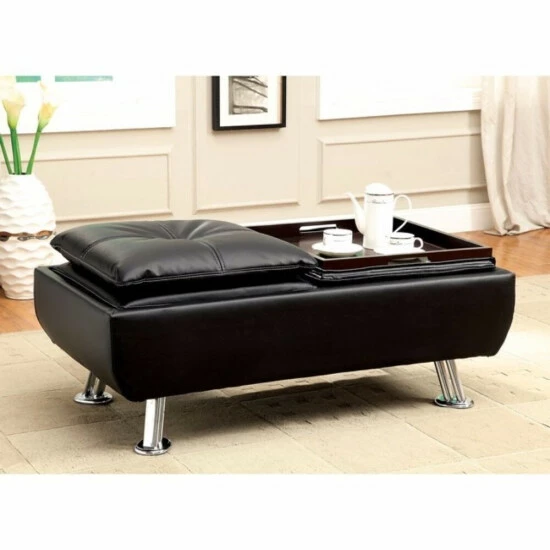 Promo ❤️ Benzara Modish Leatherette Ottoman With Tray, Black 😍 3 Promo ❤️ Benzara Modish Leatherette Ottoman With Tray, Black 😍
