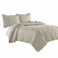 Best Sale 🛒 Benzara Ada 3 Piece Microfiber Full Size Quilt Set, Mandala Embroidery, Cream 🛒