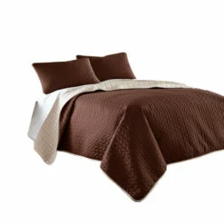 Best deal 🧨 Benzara Eva 3 Piece King Microfiber Reversible Coverlet Set, Quilted, Brown, Ivory 😀