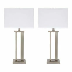 Cheap 🔥 Benzara Metal Frame Table Lamp With Hardback Shade, Set Of 2, White And Silver ⭐