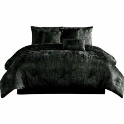 Coupon 👍 Benzara Jay 7 Piece King Comforter Set, Polyester Velvet, Deluxe Texture Black ✔️