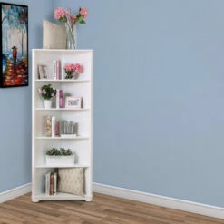 Best deal ❤️ Benzara Contemporary Style Solid Wood Five Shelves Corner Bookshelf, White ⌛ -Benzara Sales Store unnamed file 2871