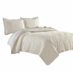 Best Pirce 🥰 Benzara Ada 3 Piece Microfiber King Size Quilt Set, Mandala Embroidery, Ivory 😍