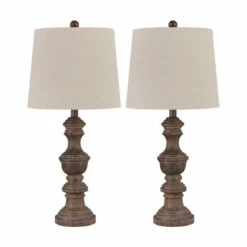 Cheapest 👏 Benzara Tapered Fabric Shade Table Lamp With Turned Base, Set Of 2, Gray And Brown 🥰