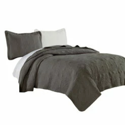 Budget 👏 Benzara Ada 2 Piece Microfiber Twin Size Quilt Set, Mandala Embroidery, Dark Gray ⭐