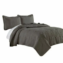 Best deal 😍 Benzara Ada 3 Piece Microfiber Full Size Quilt Set, Mandala Embroidery, Dark Gray ✔️