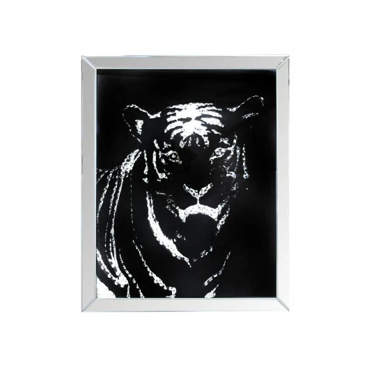 Promo ❤️ Benzara Rectangular Mirror Framed Tiger Wall Decor With Crystal Inlays, Black & Silver 🤩 3 Promo ❤️ Benzara Rectangular Mirror Framed Tiger Wall Decor With Crystal Inlays, Black & Silver 🤩