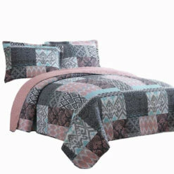 Cheapest ✔️ Benzara Mai 3 Piece Queen Cotton Quilt Set, Damask, Patchwork, Reversible, Blue 😉