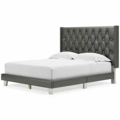 Deals โ๏ธ Benzara Queen Bed With Faux Leather Upholstery And Button Tufted Details, Gray ๐