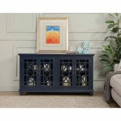 Hot Sale ⭐ Benzara Wooden TV Stand With Trellis Detailed Doors, Blue ❤️ -Benzara Sales Store unnamed file 361