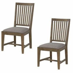 Coupon 🥰 Benzara Wooden Chair With Fabric Upholstered Seat And Slat Style Back, Set Of 2, Oak Brown And Gray 🎉