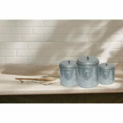 New 🔔 Benzara Galvanized Metal Lidded Canister With Ball Knob, Set Of Three, Gray 👏