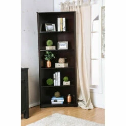 Best Sale ⭐ Benzara Five Shelves Solid Wood Corner Bookshelf, Dark Walnut Brown 🛒