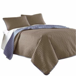 Cheap 🎁 Benzara Eva 3 Piece Queen Microfiber Reversible Coverlet Set, Quilted, Blue, Brown 😉