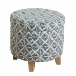 Wholesale ✨ Benzara Round Shaped Fabric Upholstered Wooden Ottoman With Lift Off Lid Storage, Blue And White ⭐