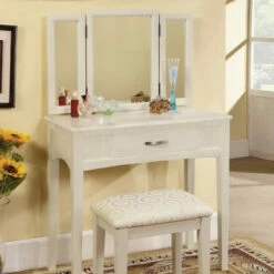 Best deal ✨ Benzara Pearl White Transitional Vanity Table With A Stool, White Finish 🥰