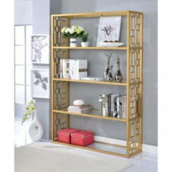 Wholesale โญ Benzara Glass & Metal Bookshelf With 5 Shelves, Clear Glass & Gold ๐