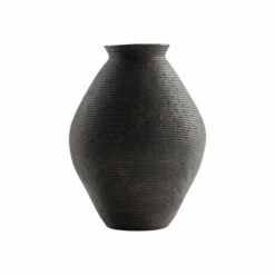 Wholesale 🌟 Benzara Dale 17 Inch Round Polyresin Vase, Tightly Ribbed Texture, Antique Brown 👏