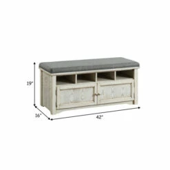 Best Sale 🎁 Benzara White Wood Storage 👟 Shoe Bench With Grey Linen Cushion ❤️ -Benzara Sales Store unnamed file 4653