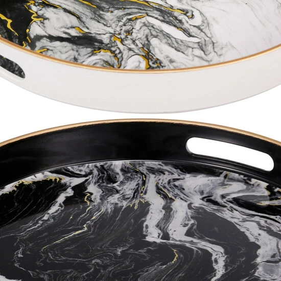 Flash Sale ✨ Benzara Set Of 2 Round Accent Trays, Tabletop Decor, Marbling, Black, White, Gold 🌟 4 Flash Sale ✨ Benzara Set Of 2 Round Accent Trays, Tabletop Decor, Marbling, Black, White, Gold 🌟 - Image 2