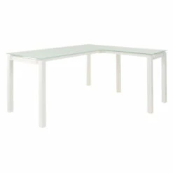 Best Pirce 🧨 Benzara Metal L Shape Desk With Frosted Glass Top And Block Legs, White 🤩
