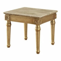 Outlet 👍 Benzara Marble Top End Table With Fluted Detail Wooden Turned Legs, Gold 😀