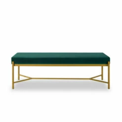 Best deal 🎁 Benzara Lola 55 Inch Modern Foyer Bench, Green Velvet Seat And Gold Metal Frame ✨