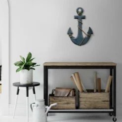 Best Sale โญ Benzara Nautical Distressed Hanging Wooden Anchor Art Decor With Rope, Blue โค๏ธ
