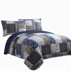 Best Sale ⌛ Benzara Mai 3 Piece Queen Size Cotton Quilt Set, Patchwork, Reversible, Blue, Rust 👏