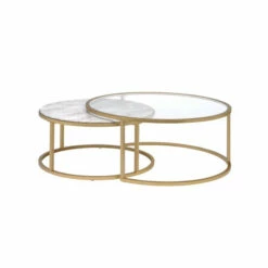 New 😀 Benzara Metal Framed Nesting Coffee Tables With Glass And Marble Tops, Set Of Two, Gold 🌟