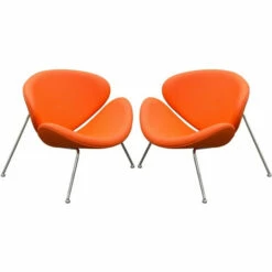 Deals 🎉 Benzara Modern Leatherette Upholstered Accent Chair With Angled Metal Legs, Set Of Two, Orange And Silver ❤️