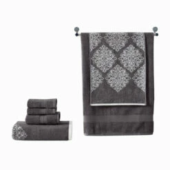 Best deal 😀 Benzara Eula Modern 6 Piece Cotton Towel Set, Stylish Damask Pattern, Dark Gray 🔥