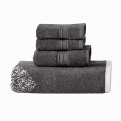 Best deal 😀 Benzara Eula Modern 6 Piece Cotton Towel Set, Stylish Damask Pattern, Dark Gray 🔥 -Benzara Sales Store unnamed file 6114