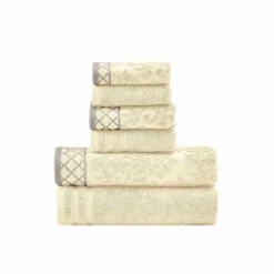 Best Sale 😉 Benzara Noa 6 Piece Soft Egyptian Cotton Towel Set, Solid Damask Pattern, Beige 🌟
