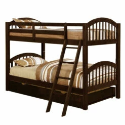 Best deal 🛒 Benzara Arch Design Wooden Twin Over Twin Bunk Bed With Trundle, Dark Brown ✔️