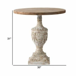 Coupon 🥰 Benzara 31 Inch Round Accent Side Table, Fir Wood, Engraved, Brown, Antique White 🎉 -Benzara Sales Store unnamed file 6460