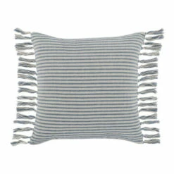 Best Sale 💯 Benzara 20 X 20 Modern Throw Pillow, Cotton Linen, Woven Stripes, Tassels, Blue 🎉