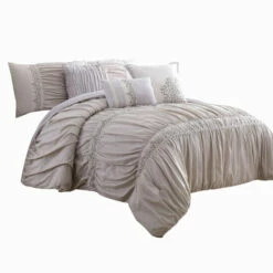 Cheap 👍 Benzara Rue 8 Piece King Size Comforter Set, Microfiber, Pleated Design, Beige 👏
