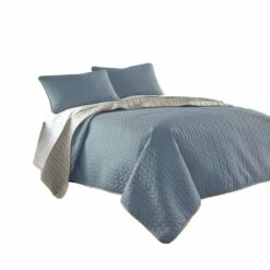 Buy 🎁 Benzara Eva 3 Piece King Microfiber Reversible Coverlet Set, Quilted, Gray, Blue 🧨