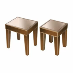 Promo ❤️ Benzara 21, 17 Inch Side End Table, Mirror Tops, Wood Frames, Set Of 2, Brown 💯