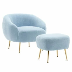 Outlet 🔥 Benzara Tory 31 Inch Modern Leisure Accent Chair, Teddy Plush Velvet, Ottoman, Blue 😍